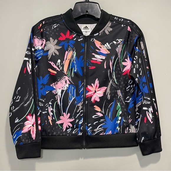 Adidas Girls Black Pink Floral Bomber Jacket - Picture 1 of 13